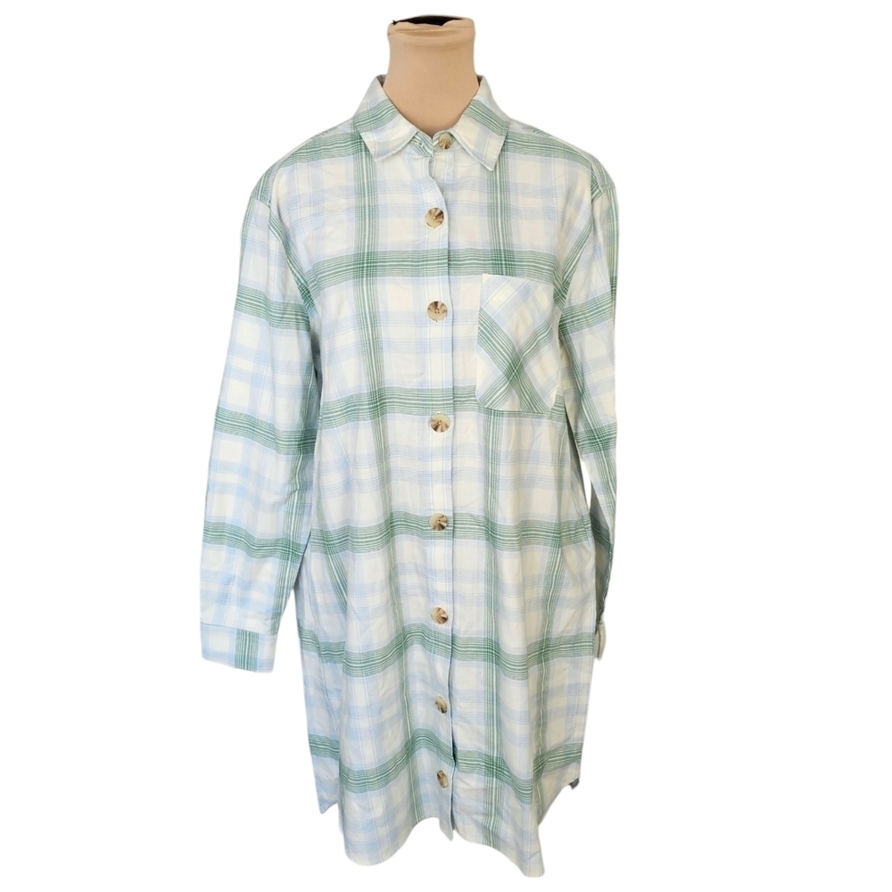 NWT Hudson North Light Green and Blue Button Up Collared Flannel Shirt Sz M